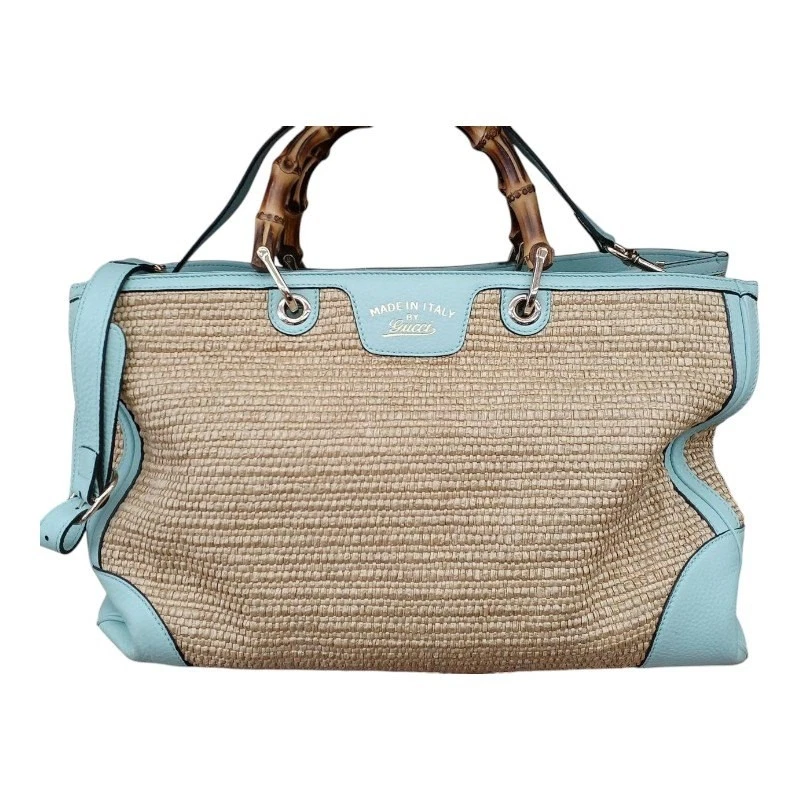 Gucci Large Raffia Bamboo Shopper Satchel Tote Bag 323658 2Way