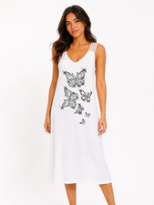White Butterfly Print Dress Lace Straps M-L