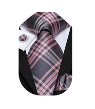 Mens Paisley Striped Tie and Handkerchief Cufflinks Tie Set for Men Grey Pink