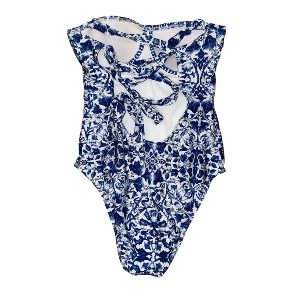 Antonio Melani blue and white geometric pattern one piece swimsuit size 6 - Image 2 of 4