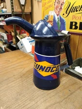 Vtg 1 Half Gallon Blue Sunoco Label Pour Spout Funnel Oil Can