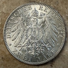 1914-J Zwei Mark German Silver Coin KM-612 AU/UNC Great Luster