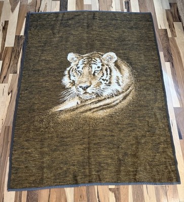 Vintage Biederlack Plush Tiger Throw Blanket Brown 71''X53.5  Reversible USA READ