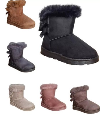 Mädchen Kinder Knöchel Schleife Fell Gefüttert Stiefel Damen Warm Winter Rutschfeste Sohle Kuschelschuhe