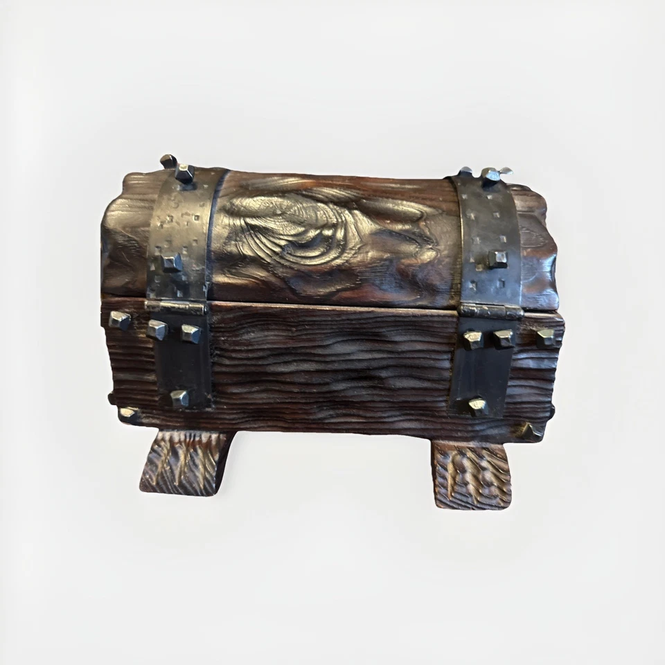 Vtg Spanish Mediaeval Carved Wood Pirate Treasure Chest Jewelry Trinket Box - Image 3 of 4