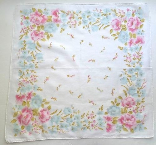 VINTAGE HANKIE HANKY 1950s FLORAL PRINT PASTEL PINKS & BLUES HAND ROLL & HEMMED