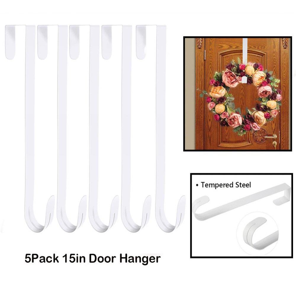 White Metal Over-the-Door Wreath Hanger for Coats Towels Bags 15 Inch Long Holder Kit