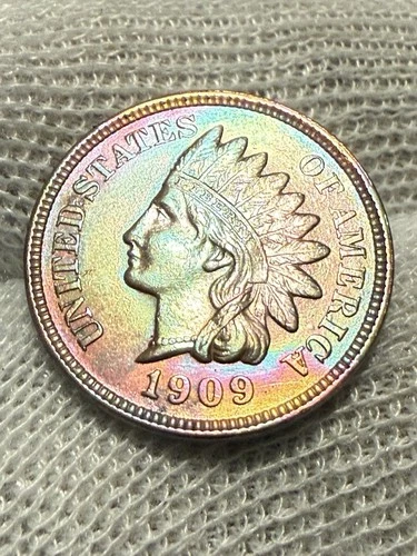 1909 Indian Head Penny Cent ~ Borderline Red & Blue Hue Lustrous AU++ Toned
