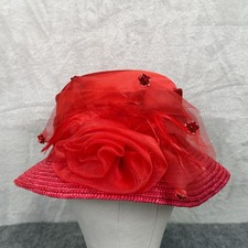 Kentucky Derby Hat Womens Red Cloche Straw Ruffle Rhinestones Lace Wedding