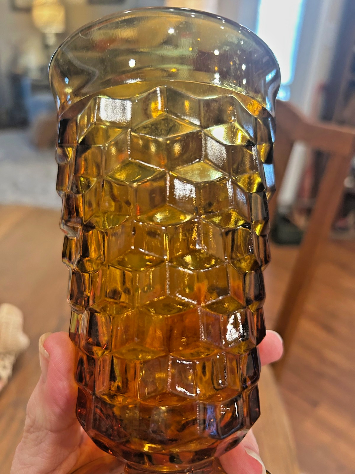 1 VINTAGE '60's INDIANA / WHITEHALL AMBER CUBIST FOOTED ICE TEA TUMBLER 6" TALL