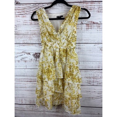 Womens H&M Yellow & White Floral Tiered Ruffle V Neck Sleeveless Mini Dress Sz 2
