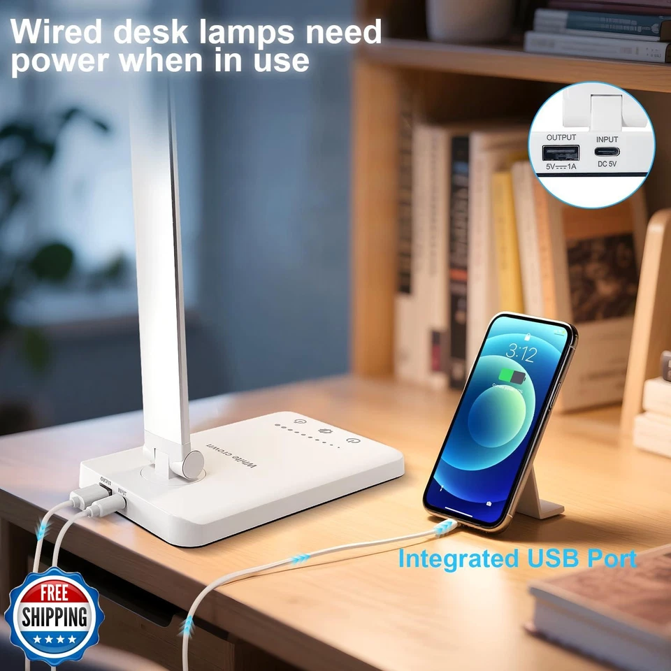 Lámpara de Escritorio LED Corona Blanca Lámpara de Mesa Regulable Lámpara de Lectura con Carga USB  Foto 3 de 4