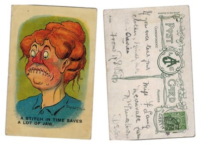 Vintage Donald McGill Humor Postkarte - Ein Stich in der Zeit spart viel Kiefer