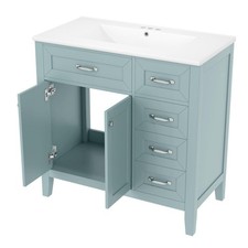 Elegant Green Bathroom Vanity with Ceramic Basin, Solid Rubber Wood Frame 