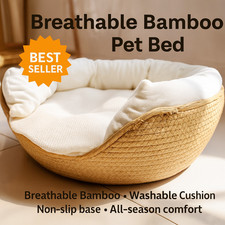 Dog Cat Pet Beds Bamboo Wicker Basket Handwoven Sofa Kennel All-Season Cozy Nest
