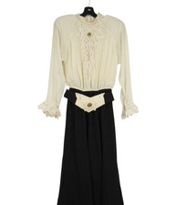 VTG SPENCER ALEXIS Ivory/Black CREPE Crochet Lace PLEATED SKIRT Blouson Dress 10