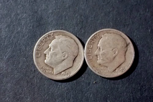 Two  Roosevelt Dimes  1946D 1947D Good Cond 90% Silver   Lot ROOS  066