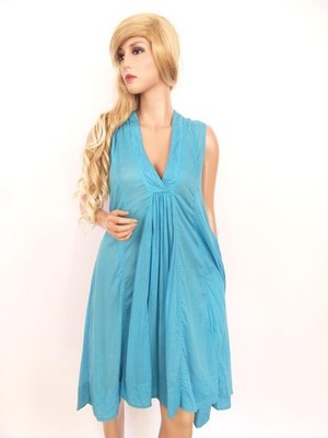 UNO Damen Sommerkleid Gr. S Blau Baumwolle 100% Ärmellos Stickerei Midi
