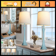 Set of 2 Blue Metal Table Lamps with USB Ports, Modern Bedside Living Room Lig
