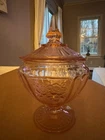 Anchor Hocking Depression Glass Mayfair Open Rose Pink Footed Covered Candy Dish