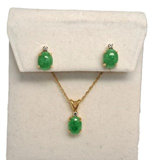 Vintage Genuine Jade Fine Diamond 14k Yellow Gold Necklace Stud Earring Set