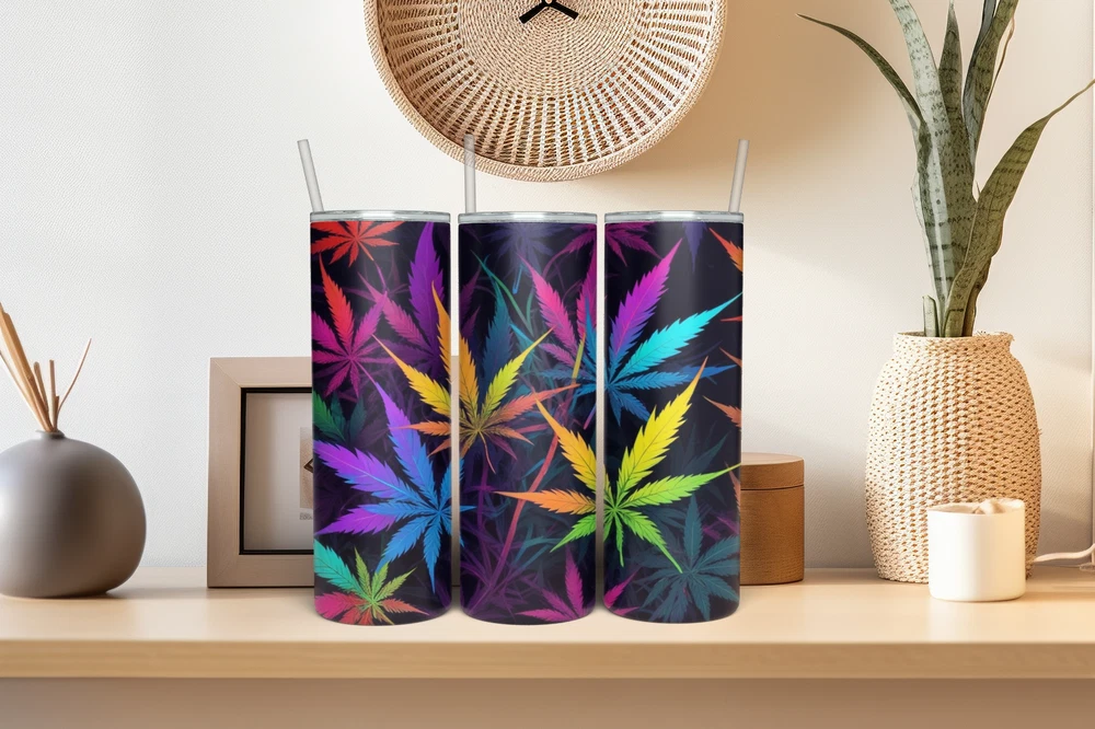 Tumbler Skinny 20oz  w/ Lid & Straw  Weed Leaf Cannabis Marijuana 420