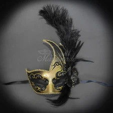 Feather Venetian Mardi Gras Masquerade Mask for Women Gold Black M6131 