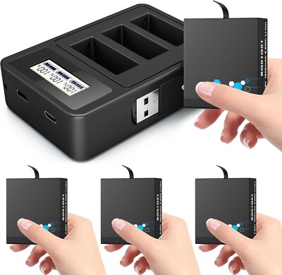 3 Pack Replacement Battery for Gopro Hero 8,7,6,5 Charger w Monitor 1800mAh