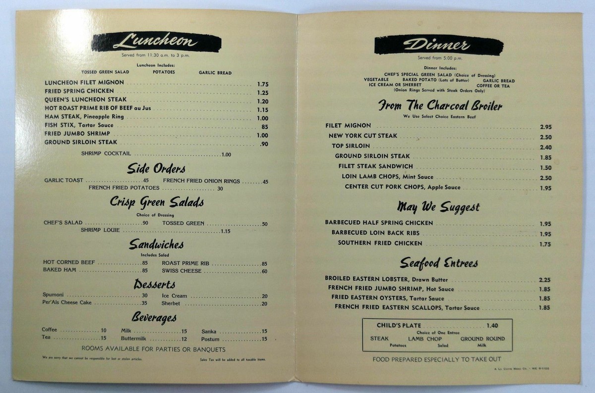 1950's Vintage Menu QUEEN'S STEAK HOUSE San Fernando Road Sun