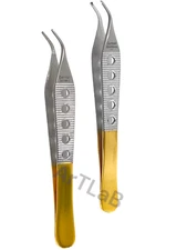 2 PCS GOLD HANDLE ADSON TISSUE+DRESSING FORCEPS 4.75" CURVED FINESTRATED
