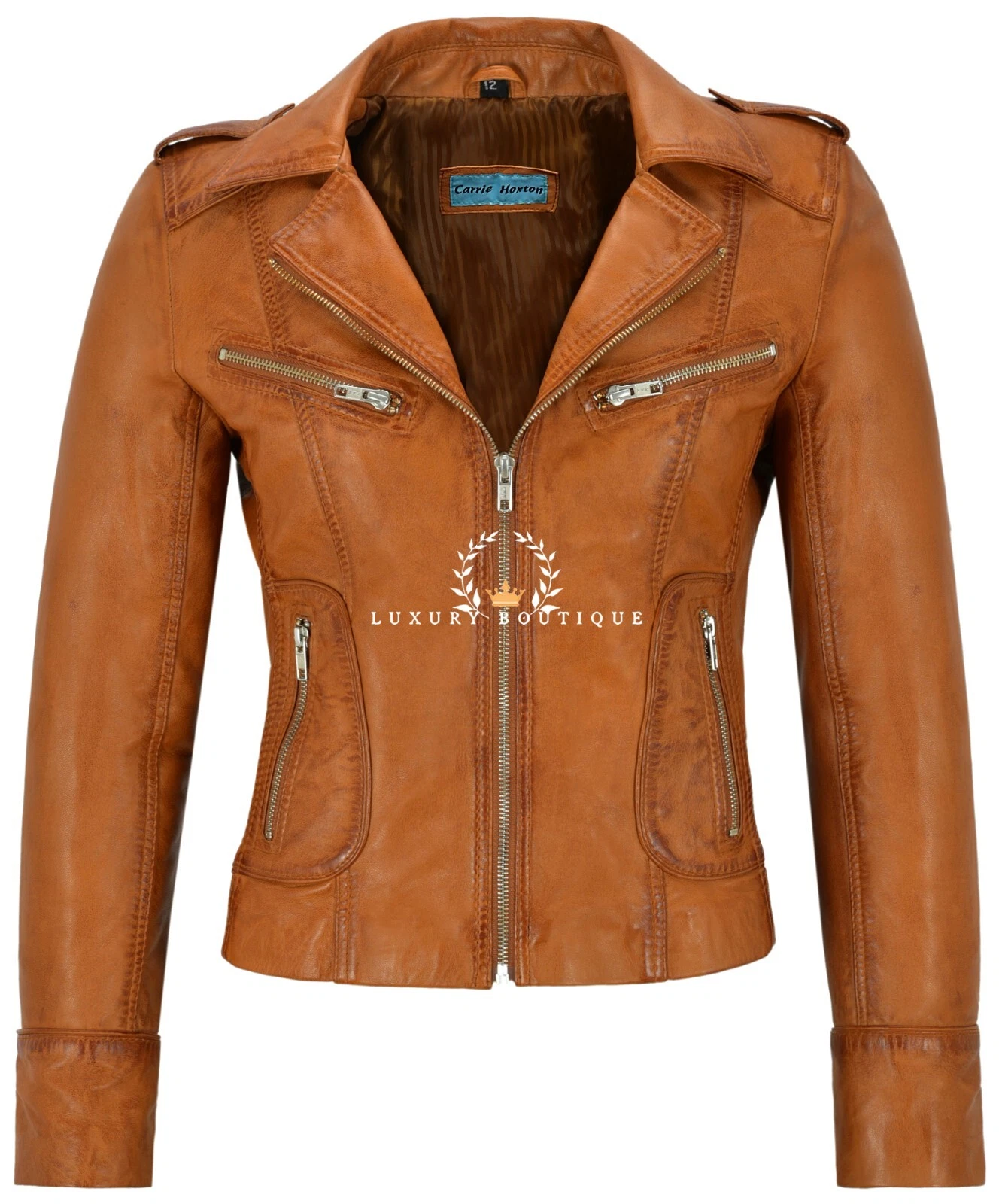 Ladies Leather Jacket Tan Fashion Biker Style 100% Real Napa Lambskin Leather