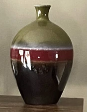 Vintage Studio Art Pottery Abstract Drip Glaze Vase Unique Green Brown Burgundy