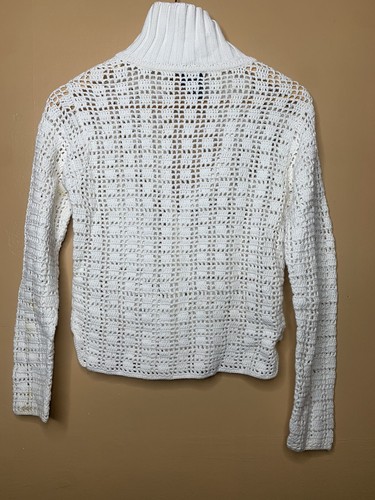 NY Based Women Size Medium Sweater Cardigan Zip Front White Crochet Long sleeve - Picture 17 of 21