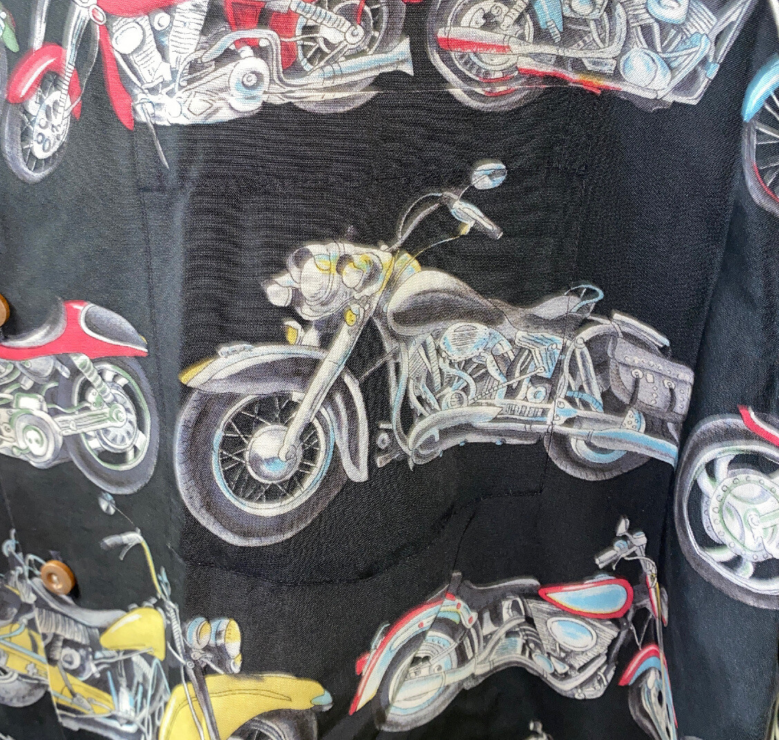 Vtg Paradise Found Mens Motorcycle Print Aloha Hawaiian Shirt 27 In Armpit