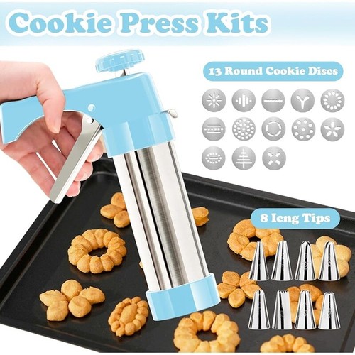 Stainless Steel Cookie Press Kit W/ 8 Piping Tips 13 Cookie Discs Baking New - Picture 2 of 5