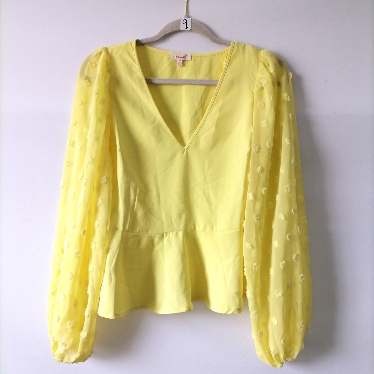 Peach Womens Pale Yellow V-Neck Swiss Dot Balloon Sleeve