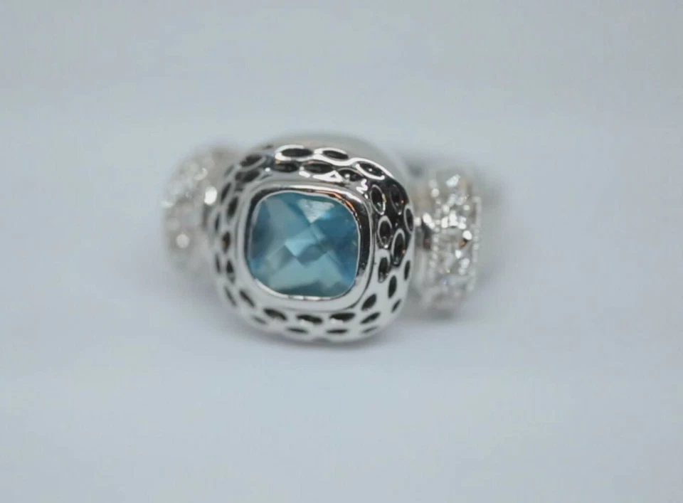 Anillo Mujer Topacio Azul Cielo Simulación Piedra Sobre Tono Plata Inoxidable Talla 6 Foto 2 de 4