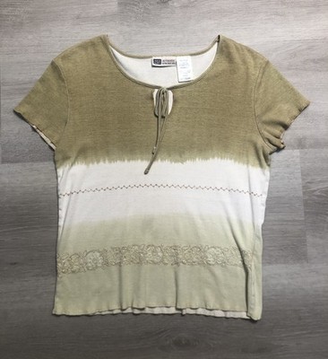 Faded Glory Y2k Womens Medium Embroidered T-shirt Boho Cottage Beige Brown