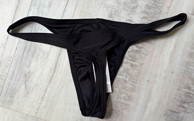Black Solid Thong Bikini Swim Bottom, Stretch Spandex, Size M Regular, Men