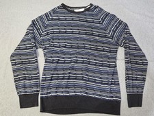 Perry Ellis Sweater Mens Large Blue Black Stripe Silk Blend Crewneck Knit