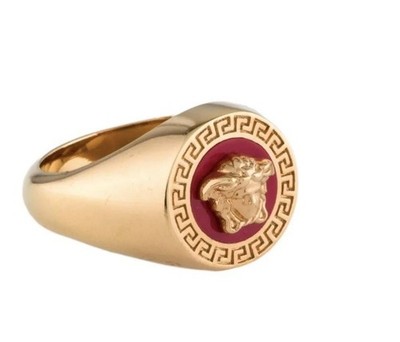 Versace Red Enamel & Gold Color Metal Embellished Medusa Head Ring Italy Sz 19