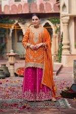 New Designer Chinon Silk Orange Top Palazzo With Dupatta For Women  Girls