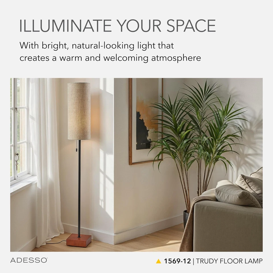 Lámpara de Pie con Base de Nogal, Cuerpo Negro y Pantalla de Tela Beige - Lámpara para... Foto 2 de 4