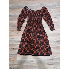 Boho Floral Cotttagecore Smocked Midi Dress Long Sleeve Off The Shoulder -S
