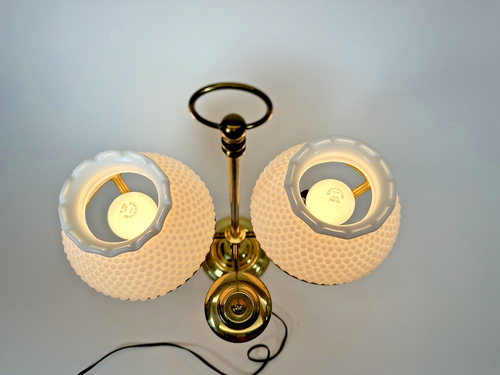 Vintage Brass Table/Desk Double Arm Lamp with Hobnail Milk Glass Shades - Picture 7 of 16