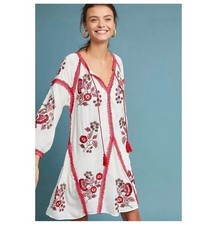 Anthropologie Ranna Gill Floral Embroidered Dress White Red sz XS Boho Festival
