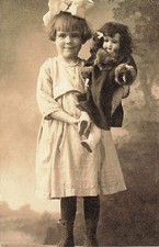 Vintage Photo Postcard Girl w/ Armand Marseille Bisque Doll Theriault's Archive