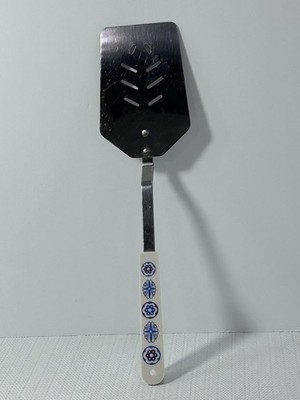 Vintage ACE Stainless Steel Slotted Spatula USA White & Blue Floral Handle