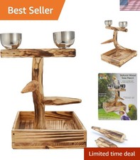 Natural Wood Bird Perch with Stainless Steel Cups  Easy Clean Drop Tray