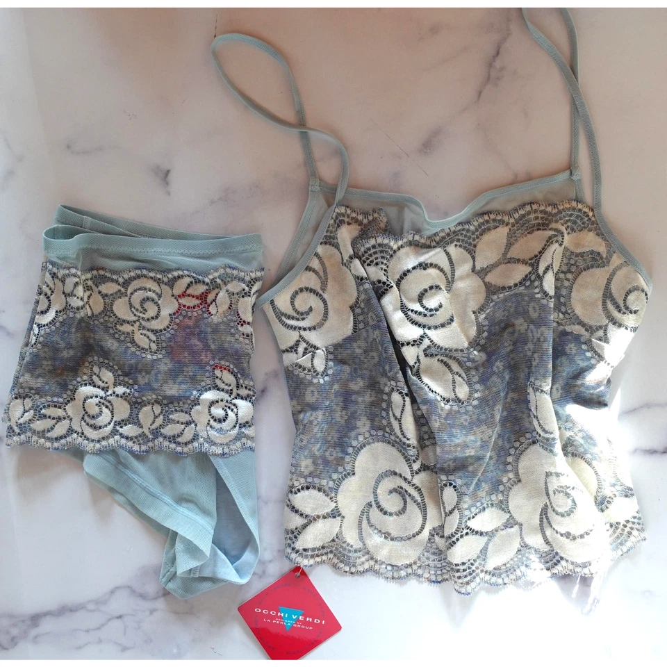 Y2K Occhi Verdi La Perla Lingerie Set Medium Blue Lace Mesh Cami Fairy Babydoll - Image 1 of 4
